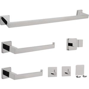 NearMoon 7 Pieces Bath Hardware Set 304 Stainless Steel-Square Towel Rack Kit Include 24" Towel Rod+ 10" Hand Towel Bar+ Toilet Paper Holder+ 4Robe Towel Hooks Bathroom Accessories (Chrome Finish)