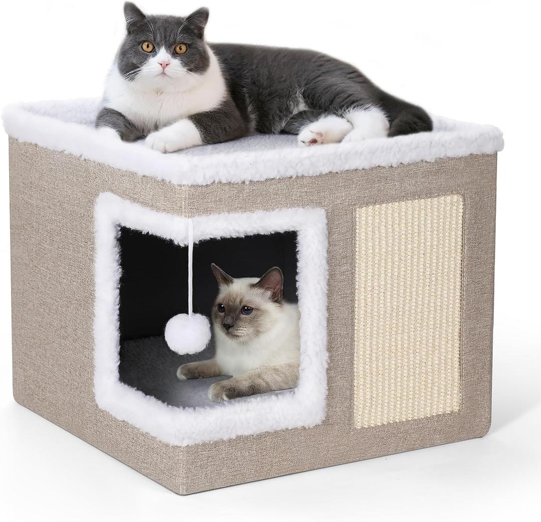 petizer Cat Bed for Indoor Cats, Large Covered Cat House with Scratch Pad, Foldable Cat Cave Bed & Hideaway Cube with Reversible Cushions, Cute Cat Condo for Multi Small Pet Kitten (Khaki) (Normal Wide)