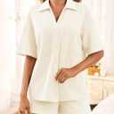 Tankaneo Womens Ribbed Knit 2 Piece Pajama Sets Button Down Short Sleeve Tops and Shorts Set Summer Casual Loungewear (Small, Beige)