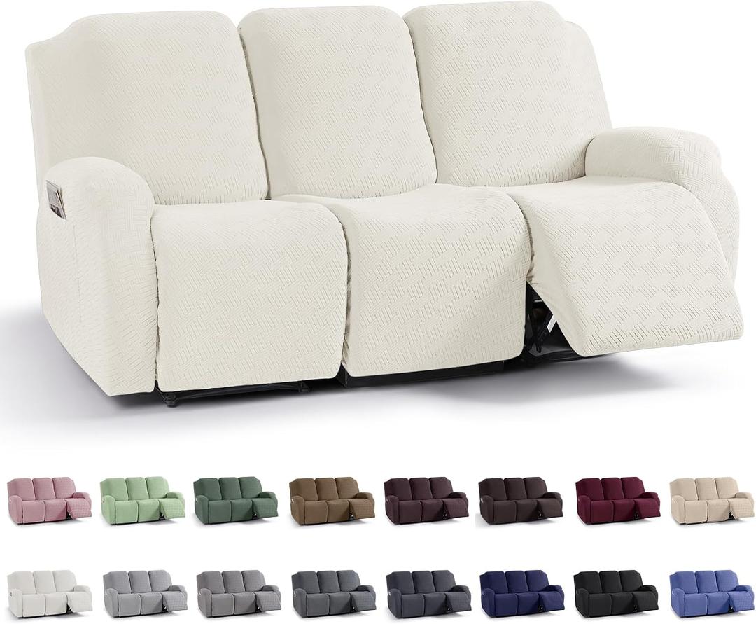 KinCam Recliner Covers, Stretch Reclining Chair Covers, Recliner Sofa Slipcovers Stripe Jacquard Recliner Couch Covers Furniture Protector Covers for Pet Kid (3 Seater, Cream)