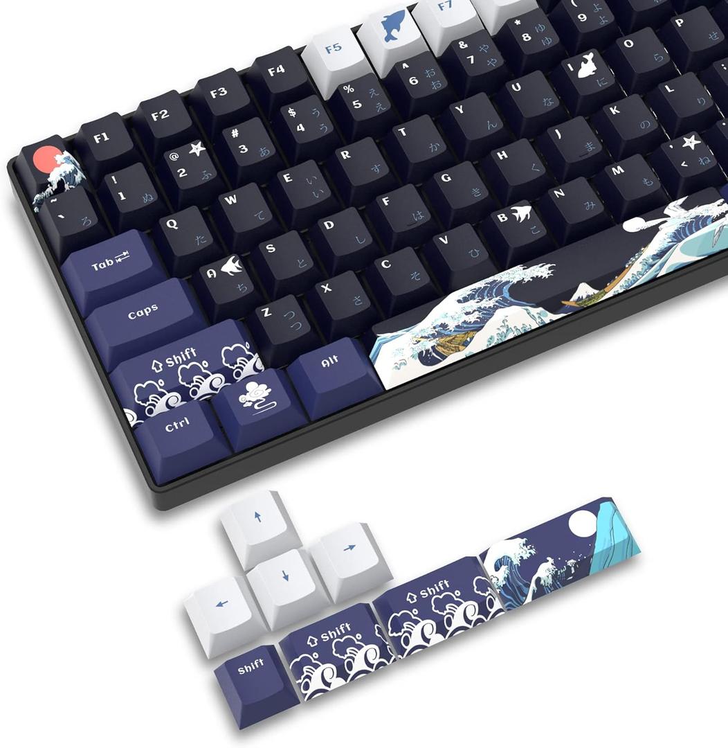 XVX PBT Keycaps 132 Keys, Great Wave Off Kanagawa Japanese Keyboard Keycaps, 5 Side DYE-Sub Custom Keycap Set, Cherry Profile Keycap for Cherry Gateron MX Switches Mechanical Keyboard