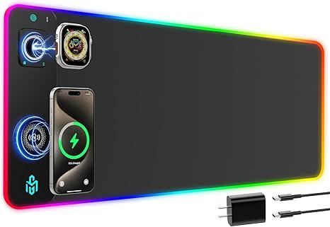 GIM RGB Gaming Mouse Pad with Simultaneous Charging for Phone & iWatch, LED Mouse Mat 800x300x4MM, 14 Light Modes, NonSlip Rubber Base, Computer Keyboard Mat for Gaming, 20W PD Adapter Included