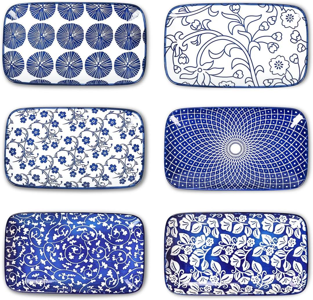 Selamica Rectangular Salad Plates, 7.1 Inch Dessert Plates Ceramic, Small Plates for Appetizer, Snack, Sushi, Fruit, Set of 6, Vintage Blue