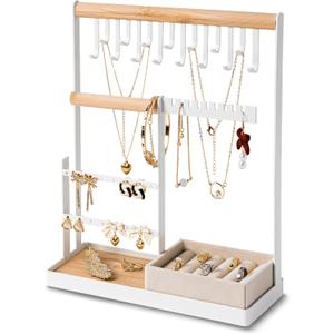 DreamGenius Jewelry Organizer Stand with Velvet Ring Holder, 4 Tier Jewelry Holder Organizer with 15 Hooks for Necklaces and 16 Holes for Earrings, White