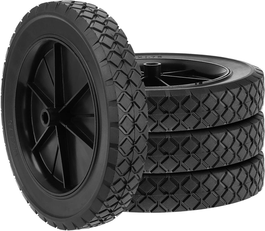 4 Pack 10 Inch Rubber Replacement Tire, Semi-Pneumatic Tire Plastic Wheel Lawn Mower Wheels with 1/2 Inch Bore Offset Axle for Hand Trucks, Lawnmowers, Utility Carts, Black