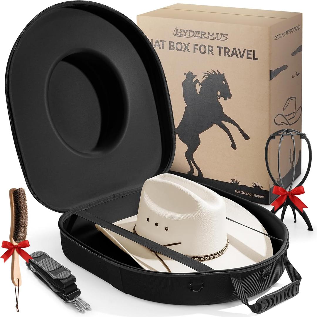 Hat Box for Cowboy Travel Extra Large, Waterproof Hard Hat Travel Case Storage Can for Fedora Panama Tweed Cap Hat Holder Organizer Carrier with Adjustable Carry Strap, Mens Western Gift, Large Black