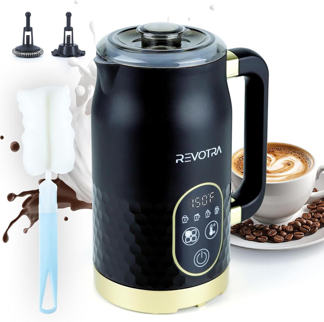 Milk Frother with LED Touchscreen & Temp Display, 4in1 Electric Milk Steamer for Hot & Cold Foam, Adjustable Temperature, Silent Frothing, NonStick Coating for Coffee, Latte, Hot Chocolate