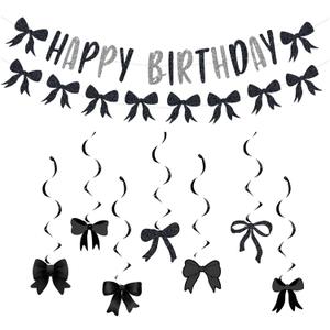 Black Bow Birthday Party Decorations, Bow 'HAPPY BIRTHDAY' Banner,Garland Banner, Hanging Swirls Party Decorations for Girls and Boy