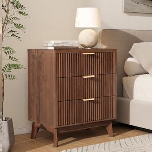 LYNCOHOME Fluted Nightstand with 3 Drawers, Modern Wood Chest of Bedside Table with Curved Profile, Fluted Dresser Organizer for Bedroom (15.7"D x 23.6"W x 28.1"H（3 Drawers）, Walnut, 1)