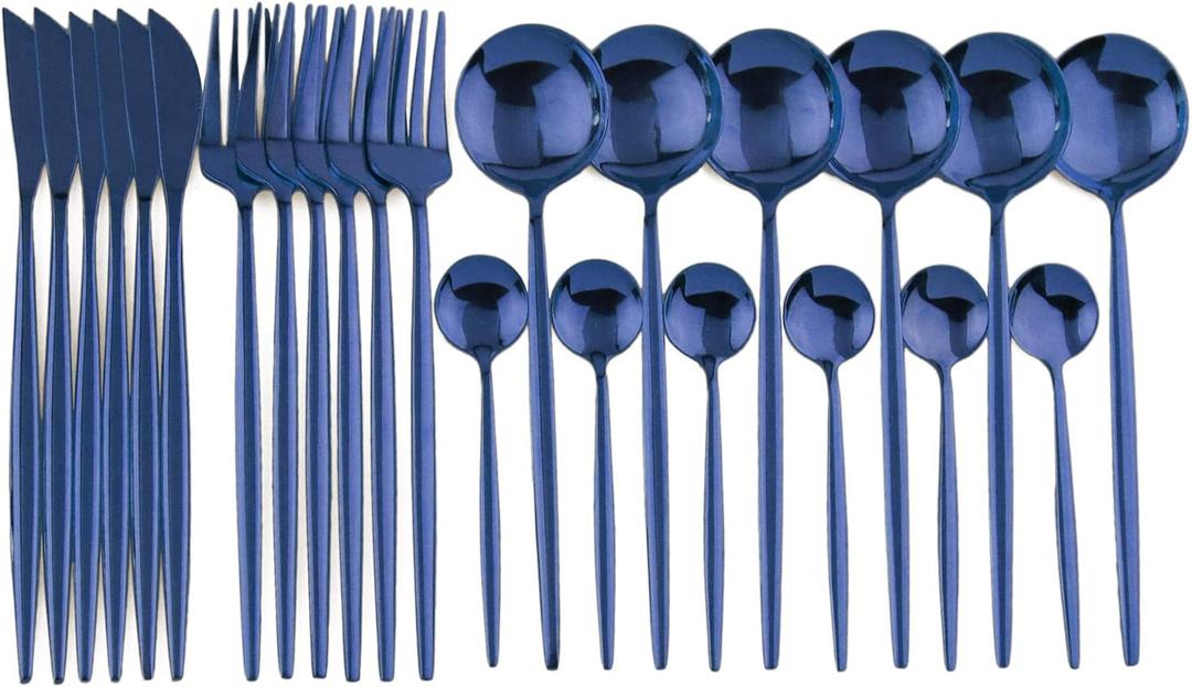 24-Piece Flatware Set, 18/0 Stainless Steel Knife Fork Spoon Teaspoon Silverware Set, Service for 6, MIrror Blue