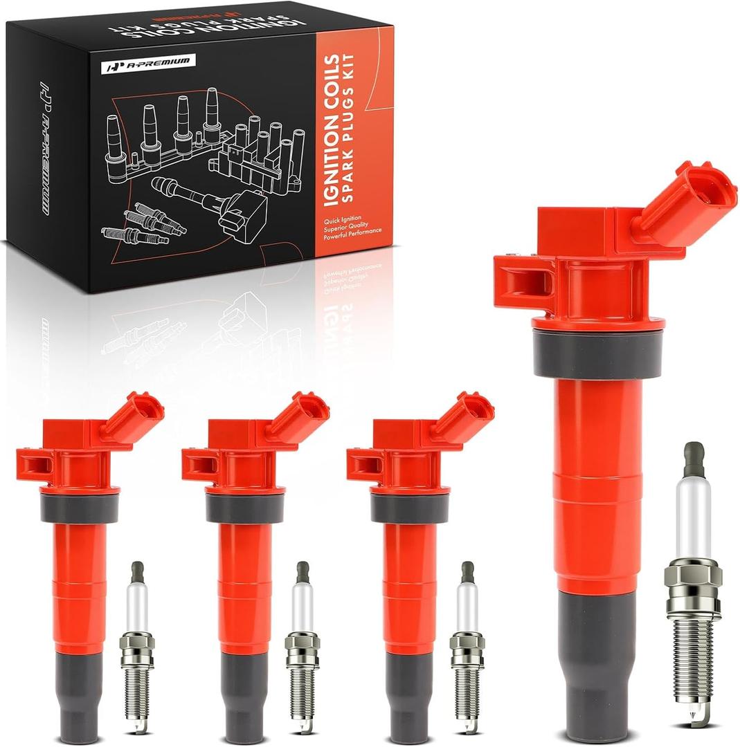 A-Premium (Red) Set of 8 Ignition Coil Pack and Iridium Spark Plugs Compatible with Hyundai Sonata 2011-2014, Santa Fe Sport 2013-2015 & Kia Optima 2011-2015, Sportage 2011-2016, 2.0L