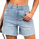 ELLEVEN Women’s Ripped Jean Shorts Trendy High Waisted Stretchy Denim Shorts Raw Hem Casual Wide Leg Mom Shorts, Size 14, Light Blue Denim 