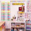39" x 19" Crayon Daily Schedule Pocket Chart with 13+1 Pockets, Pencil Flip Calendar with 52 Date Cards, 18 Reusable Dry Erase Card Time Card, a Magnetic Pen Holder for Preschool Classroom, 6.3"W x 2.4"H