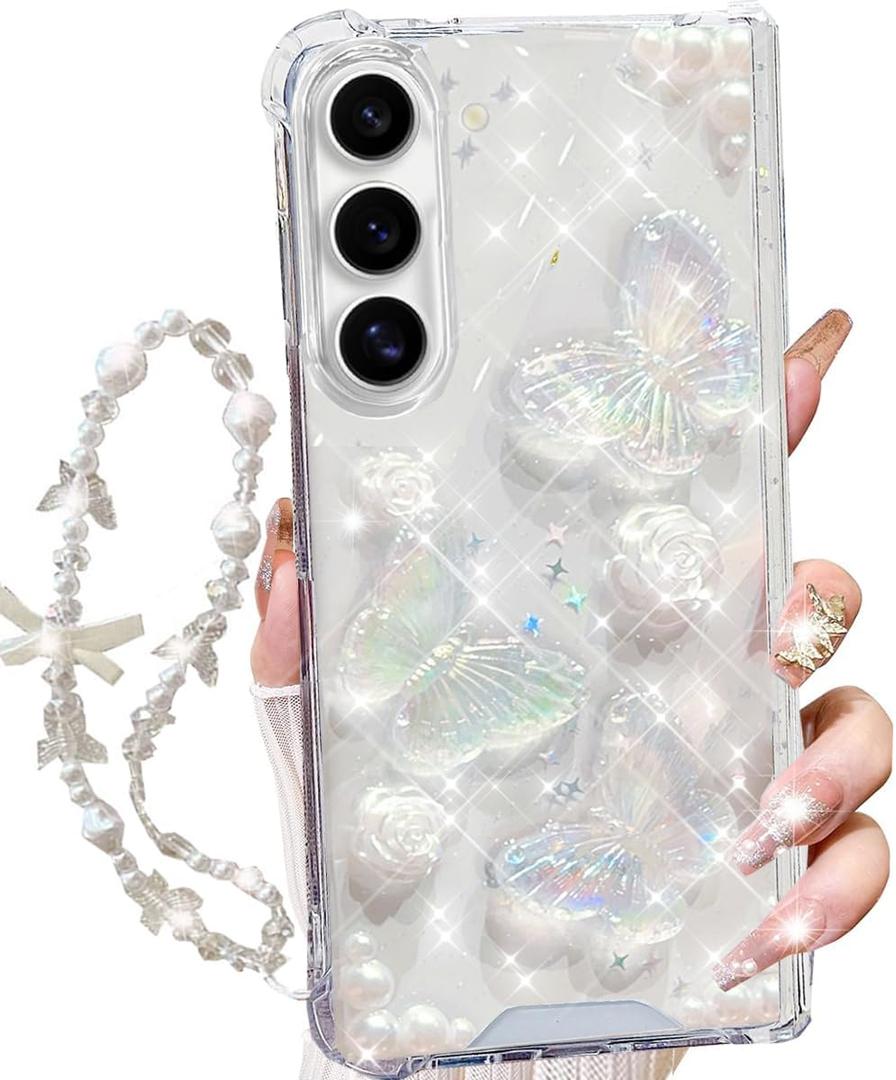 Changjia for Samsung Galaxy Z Fold 7 5G Clear Glitter Case, Cute 3D Butterfly Floral Crystal Pearl Bling Sparkle with Wrist Strap Soft TPU Aesthetic Women Girls Phone Case for Galaxy Z Fold 7 5G,Clear
