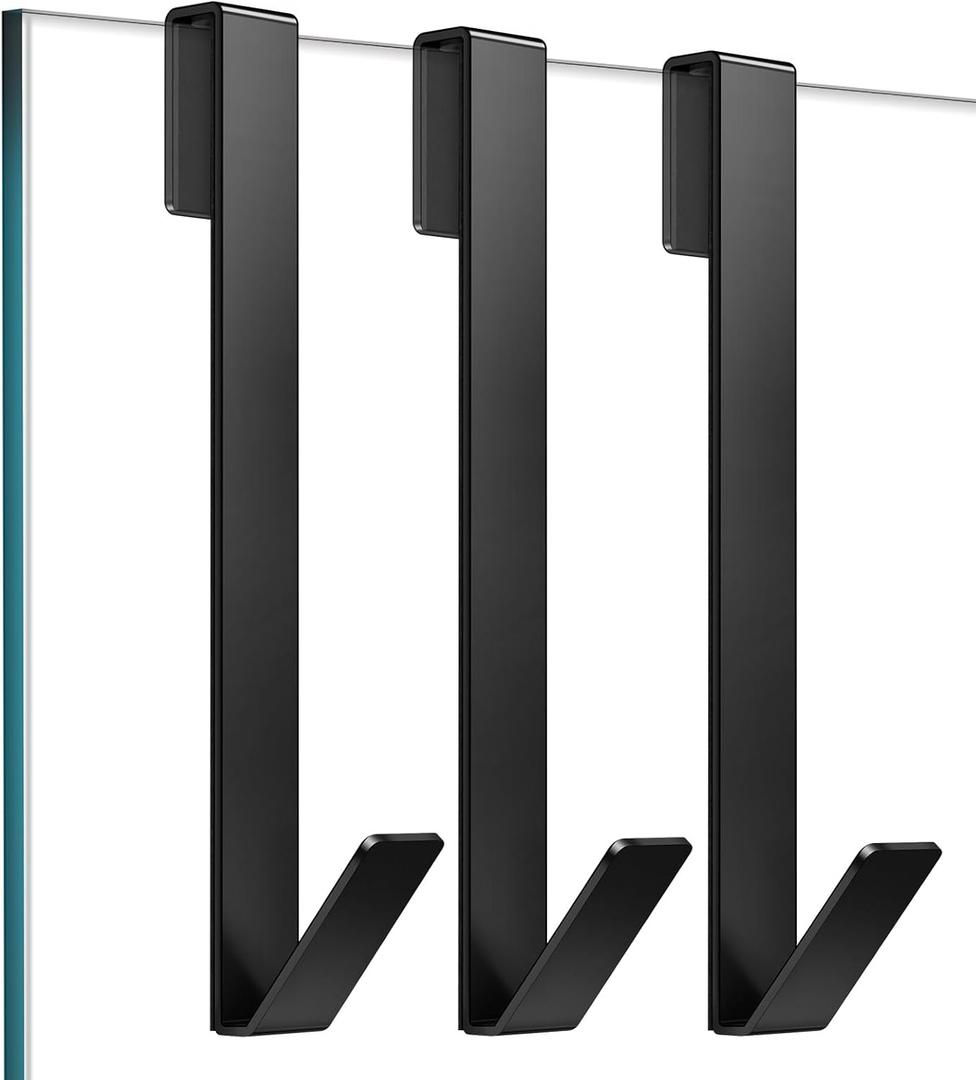 Shower Door Hooks 10 in, Shower Hooks for Towels, Heavy Duty Drilling-Free Extended Towel Hooks for Bathroom Frameless Glass Door, Over the Door Towel Hooks 3 Packs Black