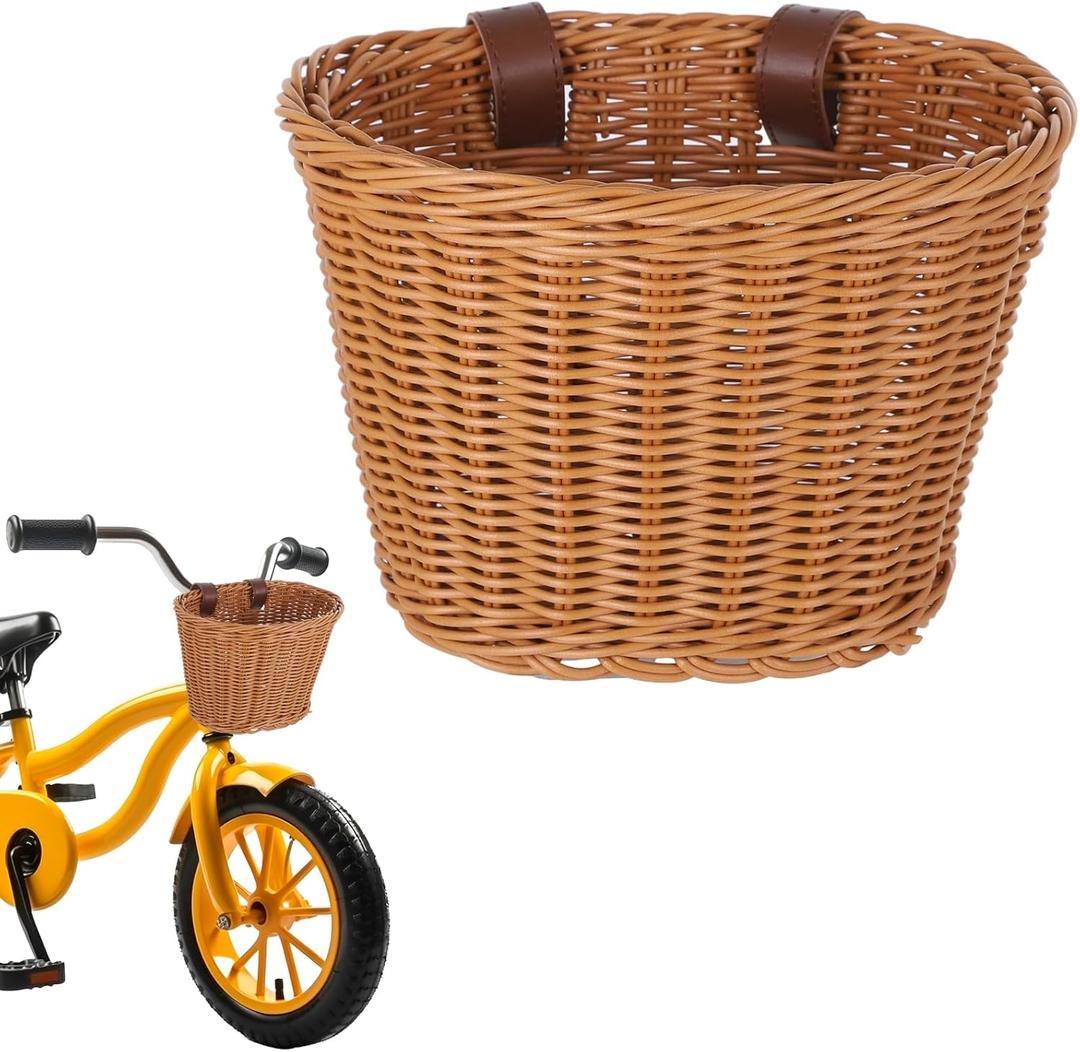 Kid's Bike Basket Front,Bicycle Hanging Basket with Adjustable PU Belts,Weatherproof Premium Hand-Woven Rattan Storage Bicycle Basket for Boys Girls Bicycle Accessories