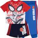 Marvel Spider-Man Boys 3-Piece Superhero Jogger Set - Spidey, Miles Morales Graphic T-Shirt, Shorts, & Sweatpants Bundle (5-6, Red/Blue/Black)