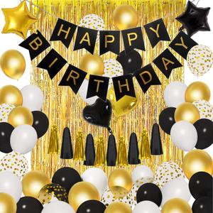 Amandir Birthday Decorations for Men Women Black and Gold Balloons Party Decorations Happy Birthday Banner Tassels Metallic Fringe Curtains 30th 40th 50th 70th Birthday Graduation Decorations Supplies