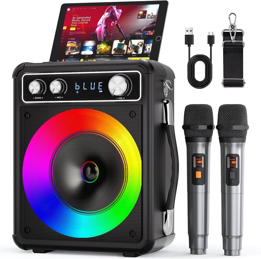 VOSOCO Karaoke Machine with 2 Wireless Microphones, Portable Bluetooth Speaker for Adults Kids, PA Systems Support TWS Echo Adjust TF USB AUX for Home Party Outdoor Travel