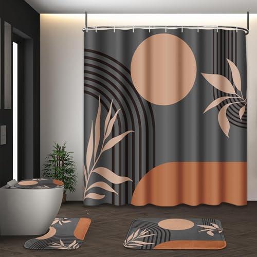 Tayney Boho Mid Century Shower Curtain Set with Toilet Lid Cover and Non-Slip Rugs, Abstract Grey Background 4 Pcs Modern Minimalist Vintage Gray Shower Curtain for Bathroom Set with 12 Hooks