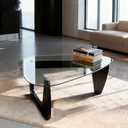 OMTIVORLEX Morden Coffee Table,Glass Coffee Table with Natural Wood Legs,42.5" x 28.5" x 16" Triangle Tempered Glass Top for Living Room, Black