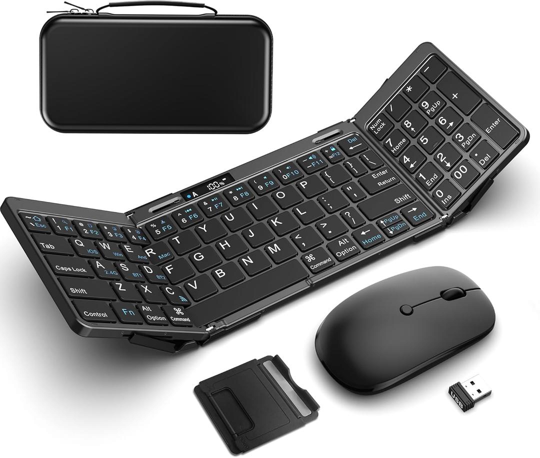 Foldable Keyboard and Mouse, EDJO Folding Keyboard Mouse Combo with Portable Case, 2.4G Wireless & Bluetooth, USB-C Rechargeable Travel Combo for Windows, Mac OS, iOS, Android PC/Laptop (Black)
