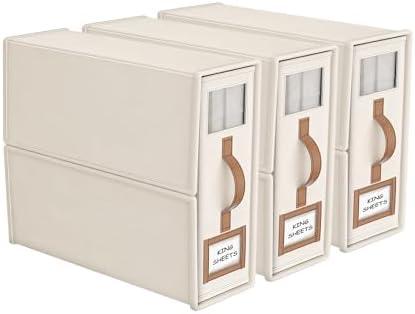 BigPonPon 1 Pack Foldable Bed Sheets Set Organizers and Storage(King & Queen Size),Linen Fabric Closet Organizers with Window,Folding Bedding Storage Box for Bedsheets and Pillow Cube Organizer-Beige