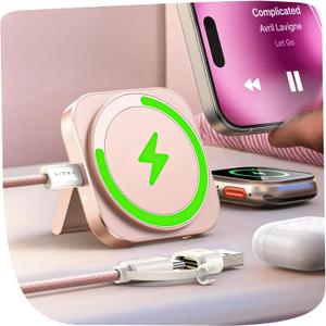 LISEN for Magsafe Charger Stand for Apple,Travel Charger for iPhone 16 Pro Charging Station Pad,Magnetic Wireless Charger for iPhone and Watch Airpods Travel Magsafe Accessories Fit iPhone 16-12 Pink