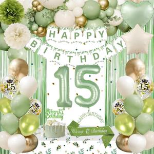 15th Birthday Decorations for Girls, Sage Green 15th Bday Decorations Happy Birthday Banner Green Gold Balloons Crown Sash Fringe Curtain Tablecloth Cake Topper for Girls Decor