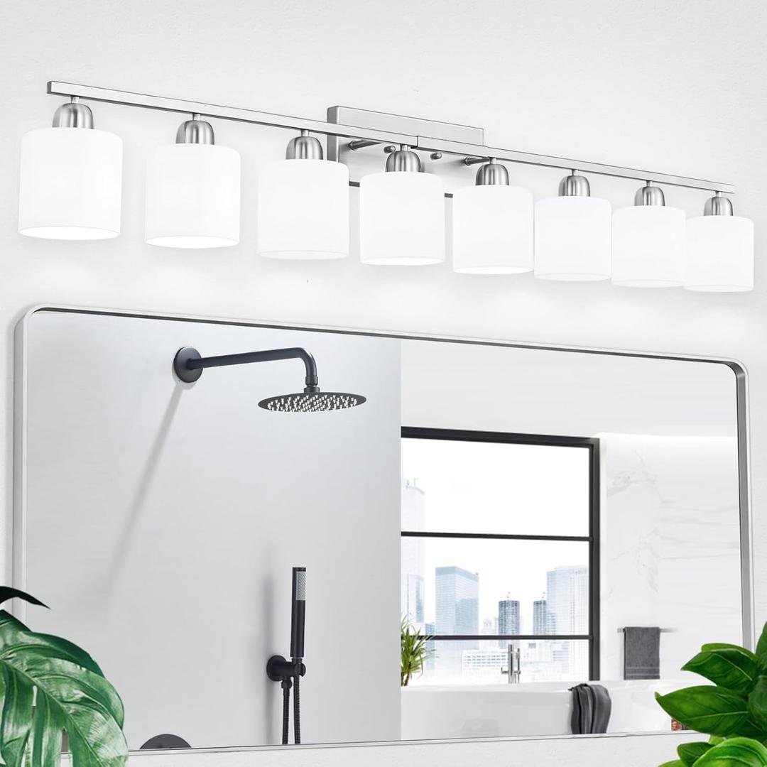 Brushed Nickel Light Fixture Bathroom for Huge Mirror, 8 Light Mirror Lights with Milky White Frosted Glass Shades, 51 inch Bathroom Mirror Lights for Mirrorss, E26 Socket