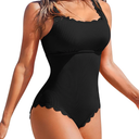 Charmo Womens Scalloped Ribbed One Piece Swimsuits Retro Square Neck Modest Bathing Suits, Large