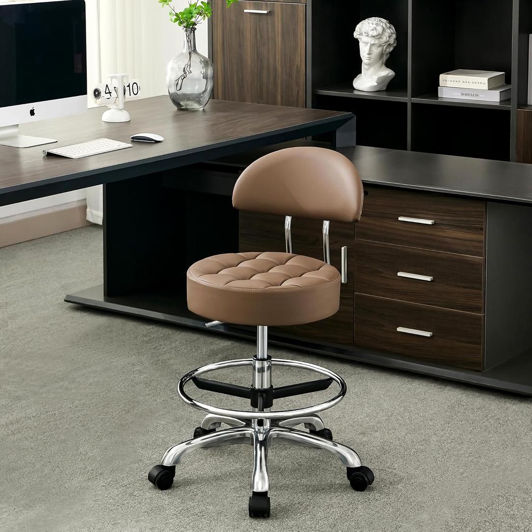 FIRAVOE Drafting Chair Adjustable Height 20"-27" (Sturdy Aluminum Base) (Quiet Wheels and Foot Rest) Office Stool with Wheels (Coffee Brown)