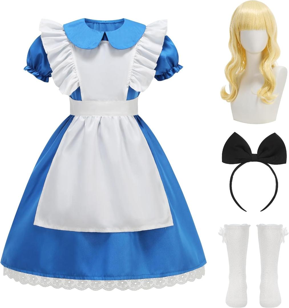 Princess Dress Wonderland Costume for Girls Halloween Dress Up Outfits with Wig (140(7-8T), Blue)
