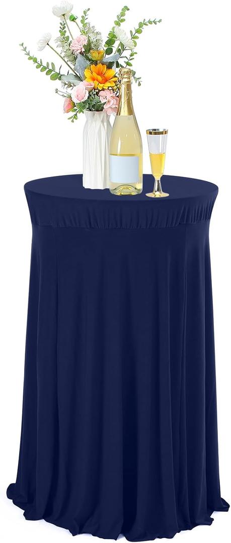 Tegeme 1 Pack 32 x 43 Inch Round Spandex Cocktail Tablecloths with Skirt Cocktail Round Table Cover Spandex Stretch Tablecloth for Fitted High Top Table Bar Wedding Party Banquet (Navy)