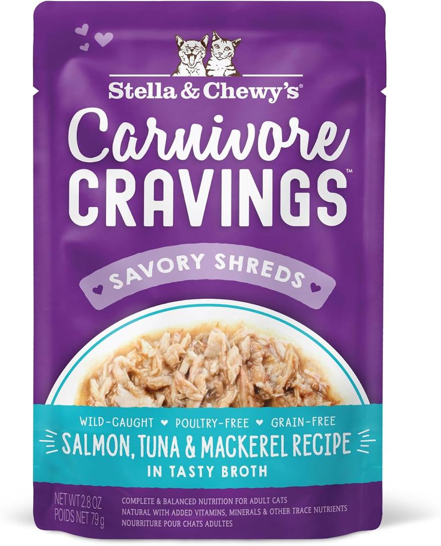 Stella & Chewy's Carnivore Cravings Wet Cat Food - Premium Pouches - Grain Free, High Protein Salmon, Tuna & Mackerel - Perfect For Picky Eaters - Complete Meal or Topper (2.8 oz, 24 Pack), BB Date 12/20/2025