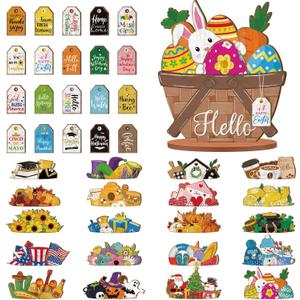 42 Pcs Small Interchangeable Easter Flower Basket Decor Holiday Seasonal Wooden Sign Rustic Farmhouse DIY Hanging Drop Spring Home Office Desk Accessories Tiered Tray Decorations Gift