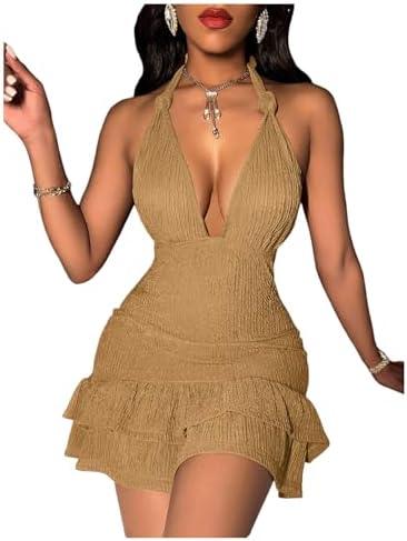 SOLY HUX Women's Summer Halter Bodycon Mini Dress Sexy Deep V Ruffle Party Cocktail Cami Dresses, Small