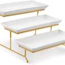 MALACASA 3 Tier Serving Trays for Party, 14 Inch Porcelain White Trays for Serving Food, Dessert Stand with Collapsible Gold Metal Rack