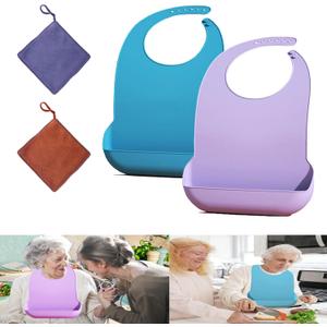 2 pieces adult bib Large silicone adult bibs with crumb catcher, adjustable waterproof clothes protector, Bibs for Elderly Women and Men, Senior Citizen Feeding Bibs - Unisex(blue, purple)