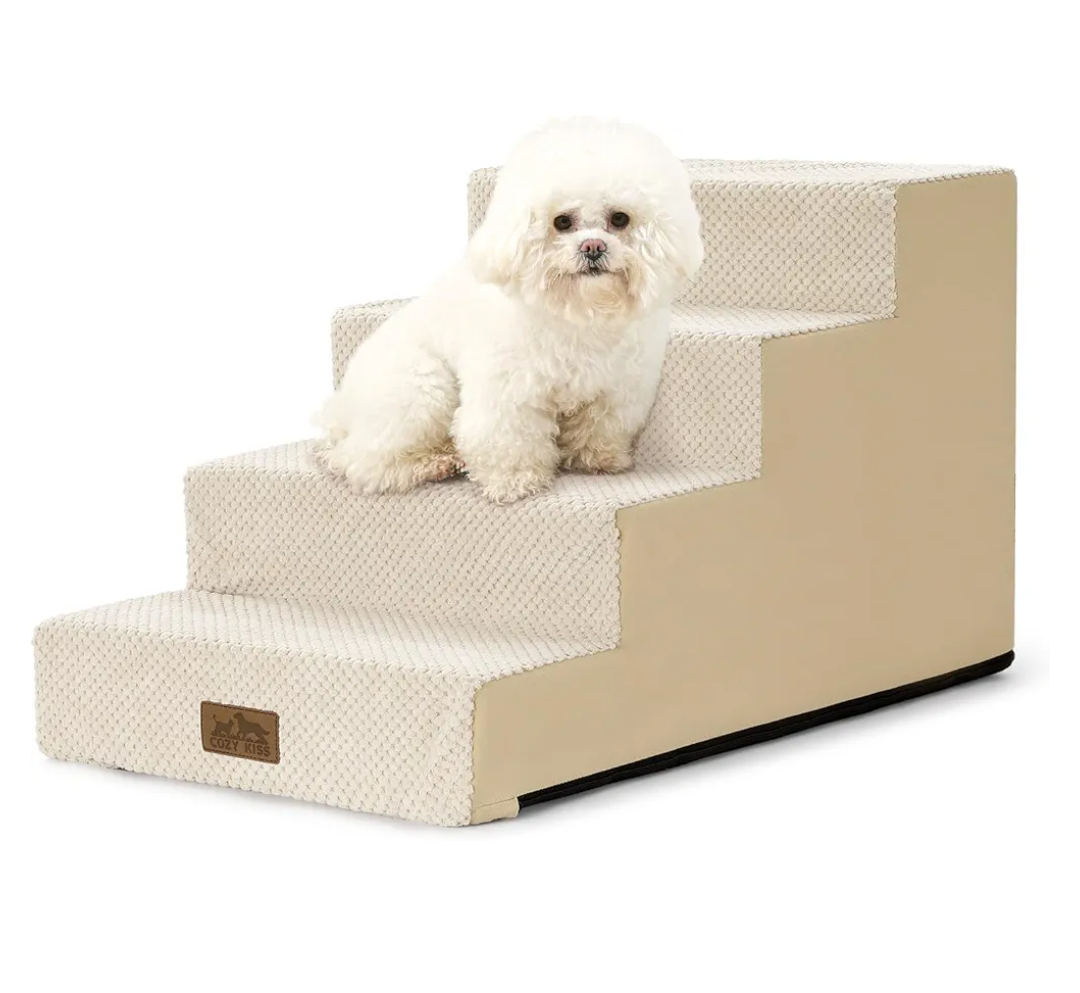 COZY KISS Dog Stairs for Small Dogs 15.7" H, 4-Step Gentle Incline Pet Step for Couch Sofa, Non-Slip Right-Angle Dog Ramp for Puppy Doggie Senior Cats, 15.7x23.6x15.7 Inch, Beige