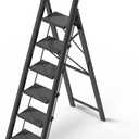 6 Step Ladder for 12 Feet High Ceiling, Lightweight Aluminum Folding Step Stool with Convenient Handgrip, Stepladders with Anti-Slip and Wide Pedal for Home Use Space Saving - Black