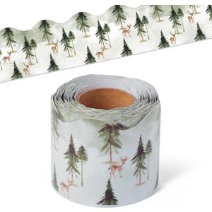 2 x BeYumi Green Forest Border Trim - 65ft Back to School Sage Green Watercolor Forest Wonderland Rolled Border Trim Tree Deer Bulletin Board Borders Party School Classroom Office Home Chalkboard Decor