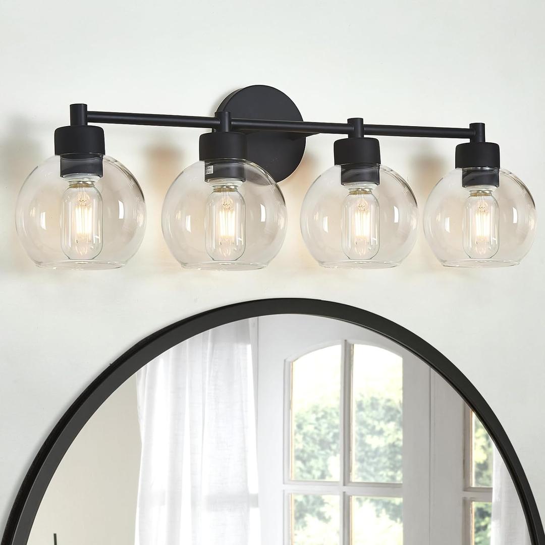 Bathroom Light Fixtures, Matte Black Vanity Light 4 Light, Bathroom Lights Over Mirror with Globe Glass Shade and Metal Base, Vanity Lights for Bathroom, Stairs, Kitchen