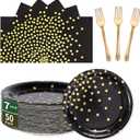 Black Gold Paper Plates and Napkins Party Supplies-150PCS-50 x 7''Dessert Plates & 50 x 6.5''Napkins & 50 x 7.3''Forks,Disposable Paper Tableware Set for Birthday,Anniversary,Retirement,Father's Day