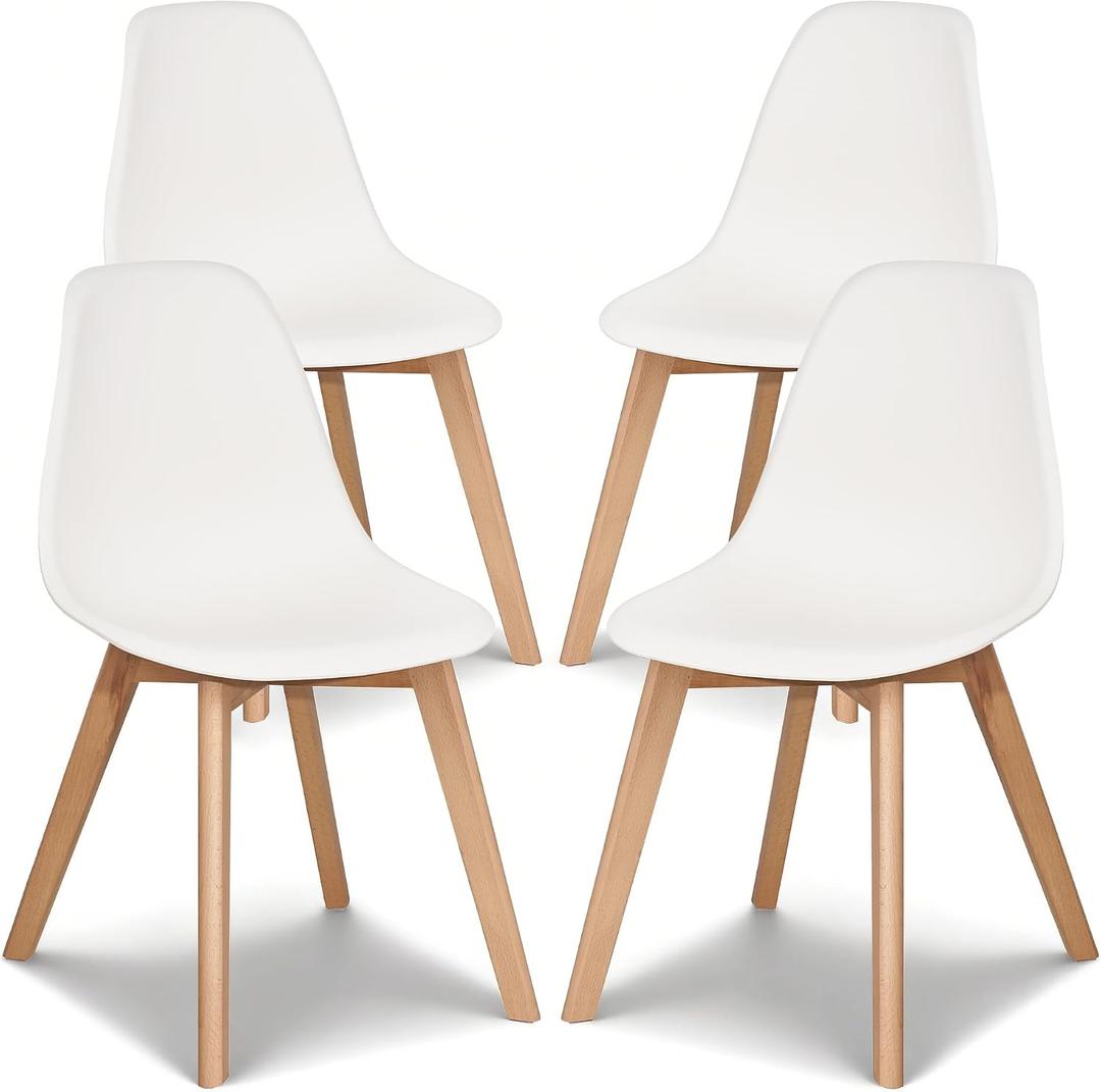 VECELO Dining Chairs Set of 4, Mid-Century Modern Kitchen & Dining Room Chairs, Molded Plastic Seat & Back, Solid Wood Legs, Armless, Non-Slip Feet, White
