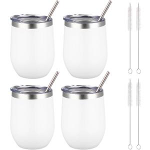 12 oz Insulated Wine Tumbler with Lid and Straw,Stainless Steel Stemless Wine Tumbler Glasses Double Wall Vacuum Wine Cups Tumbler Bulk for Coffee,Cocktail,Office (White,4)