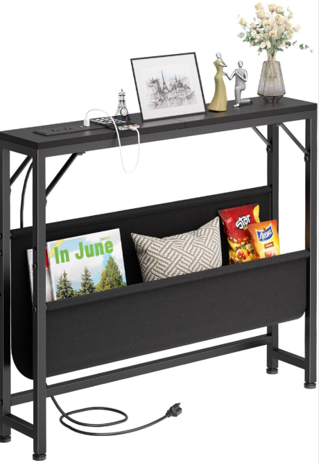31.5'' Small Console Table with Charging Station and Storage, Entryway Table Narrow with Power Outlets and USB Ports, Skinny Sofa Table, for Living Room, Foyer, Entryway, Hallway, Black