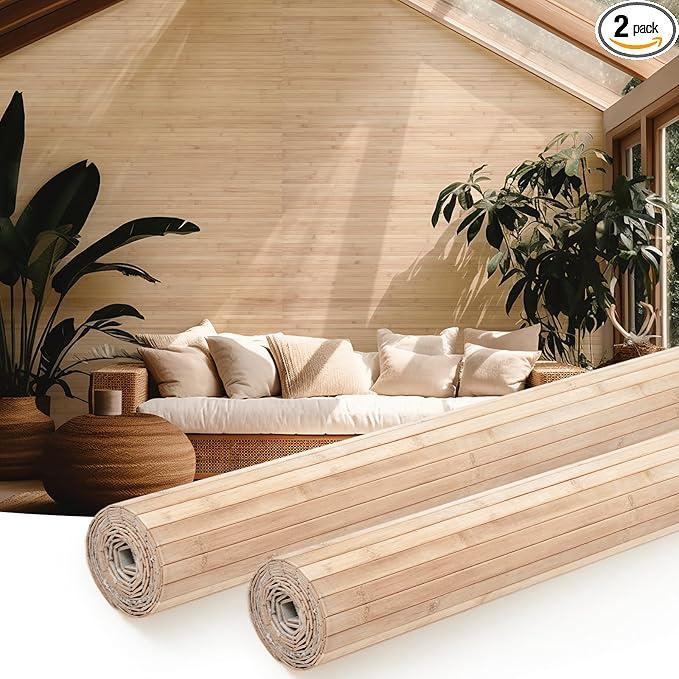 Juexica 2 Pcs Natural Bamboo Wall Panel for Interior Wall 48'' x 96'' Bamboo Covering Renewable Pole Wainscoting Room Divider Decor for Bedroom Living Room Kitchen Island Office (Light Carbonized)