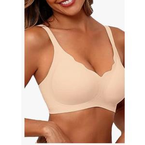 Women's Seamless Bras No Underwire Comfort Bralettes Push Up Bras Wireless Scalloped Full Coverage Everyday Bra Size Large, Nude Color