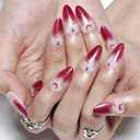 7 x GLAMERMAID Red Ombre Press on Nails Medium Almond, Halloween Christmas Misty Gel Glue on Nail, Gothic Moon Short Stiletto Reusable UV Finish Fake Nail, Acrylic Oval False Nails Manicure Kits for Women